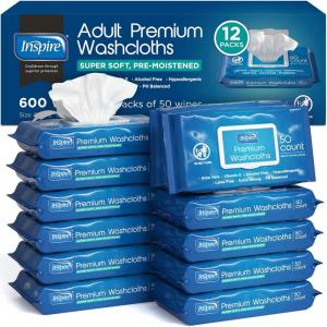 imageInspire Adult Wet Wipes Wash Cloths  Adult Wipes for Incontinence ampamp Cleansing for Elderly 8quotx12quot 200 count50 Count Pack of 12