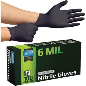imageInspire Black Nitrile Gloves HEAVY DUTY 6 Mil Nitrile Chemical Resistant Medical Cooking Cleaning Disposable Black GlovesBlack 6mil Box of 100