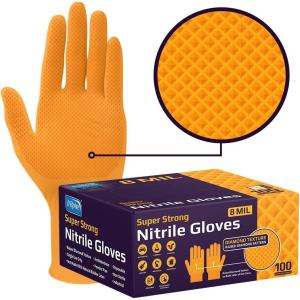 imageInspire Heavy Duty Orange Nitrile Disposable Gloves  ULTRA 8 Mil Diamond Textured Grip  Industrial Mechanic Food100