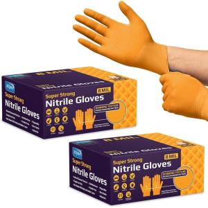 imageInspire Heavy Duty Orange Nitrile Disposable Gloves  ULTRA 8 Mil Diamond Textured Grip  Industrial Mechanic Food200