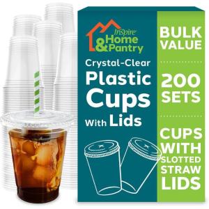 imageInspire Home ampamp Pantry Plastic Cups with Lids  BULK SAVINGS Smoothie Cup Iced Coffee Soda  Crystal Clear  16 Oz Case of 19212 Oz  200 Count