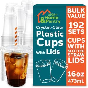imageInspire Home ampamp Pantry Plastic Cups with Lids  BULK SAVINGS Smoothie Cup Iced Coffee Soda  Crystal Clear  16 Oz Case of 19216 Oz  192 Count