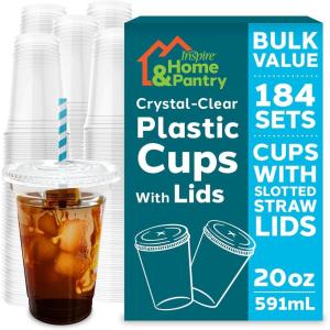 imageInspire Home ampamp Pantry Plastic Cups with Lids  BULK SAVINGS Smoothie Cup Iced Coffee Soda  Crystal Clear  16 Oz Case of 19220 Oz  184 Count