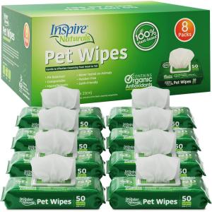 imageInspire Naturals Pet Wipes for Dogs and Cats 100 Natural Plant Based with Organic Antioxidants Dog Wipe Cleaning Deodorizing  Cat Wipes  Puppy Wipes  Dog Wipes for Paws and Butt 50ct  1 Pack400ct  8 Packs Of 50