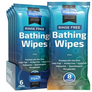 imageInspire Ultra Thick Rinse Free Body Wipes Bathing Wipes Rinse Free Wet Wipes Thick Strong Extra Large With Aloe Vera EnrichedThick 6 Packs of 8