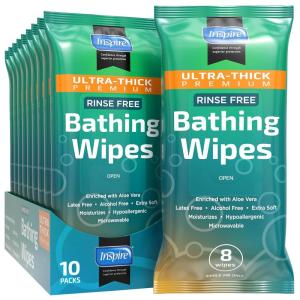 imageInspire Ultra Thick Rinse Free Body Wipes Bathing Wipes Rinse Free Wet Wipes Thick Strong Extra Large With Aloe Vera EnrichedUltra Thick 10 Packs Of 8