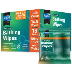 imageInspire Ultra Thick Rinse Free Body Wipes Bathing Wipes Rinse Free Wet Wipes Thick Strong Extra Large With Aloe Vera EnrichedUltra Thick Value Pack  18 Packs Of 8