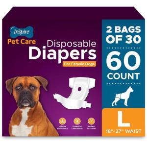 imageInspire Pet Care Dog Diapers Female Dogs  Bulk Value Doggie Incontinence Accidents for Heat Pee or Period and Housebreaking Small 50 CountLarge 60 Count